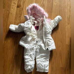 Off white Weatherproof Snow suit jacket combo with pink trim on hoodie.